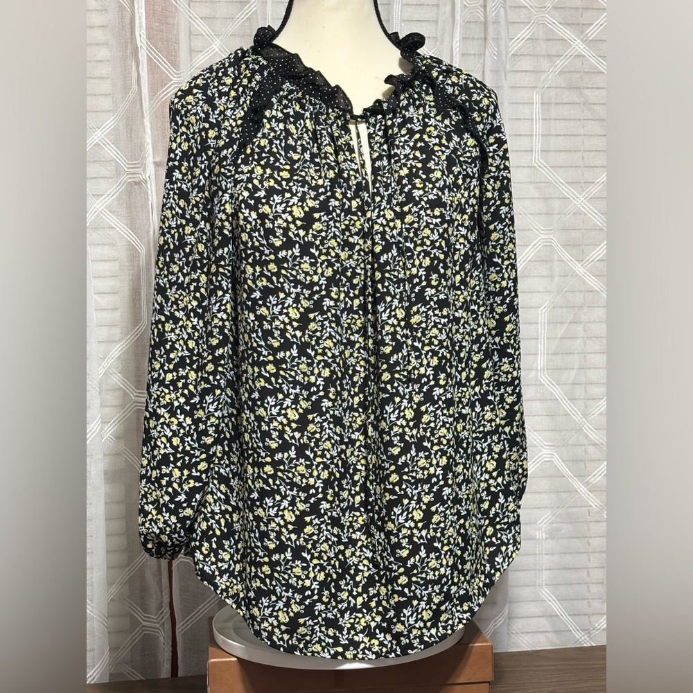 Dalia Womens MED Black Floral Chiffon Boho 3/4 Sleeve Ruffles Blouse Flowy Small